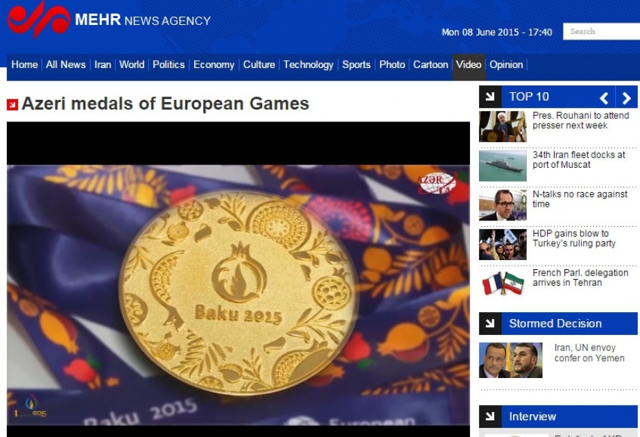 Video on Baku 2015 European Games placed in website of Mehr News Agency of Iran