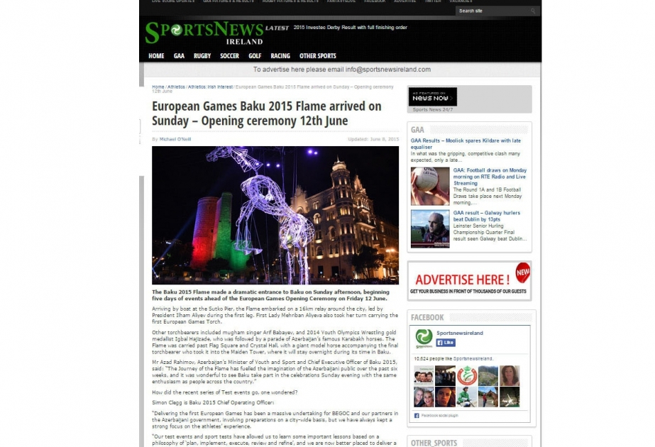 Irish sportsnewsireland.com portal places article about Baku 2015 First European Games