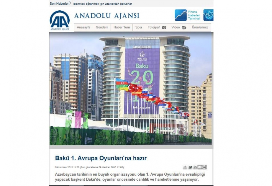 Anadolu Agentliyi: Bakı Birinci Avropa Oyunlarına hazırdır