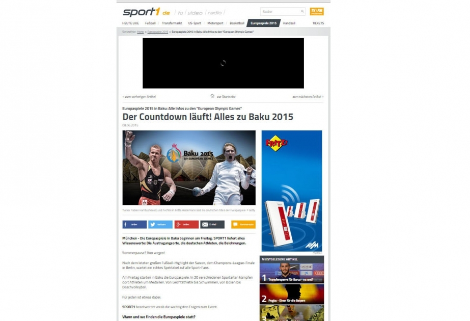 Телеканал Германии «Sport 1» будет напрямую транслировать Первые Европейские игры «Баку 2015»
