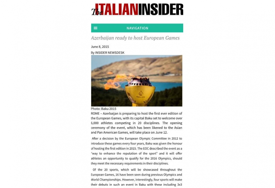 “Italian insider” portalı: Azərbaycan ilk Avropa Oyunlarını qəbul etməyə hazırdır