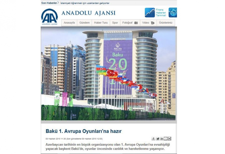 Анатолийское агентство: Баку готов к первым Европейским играм