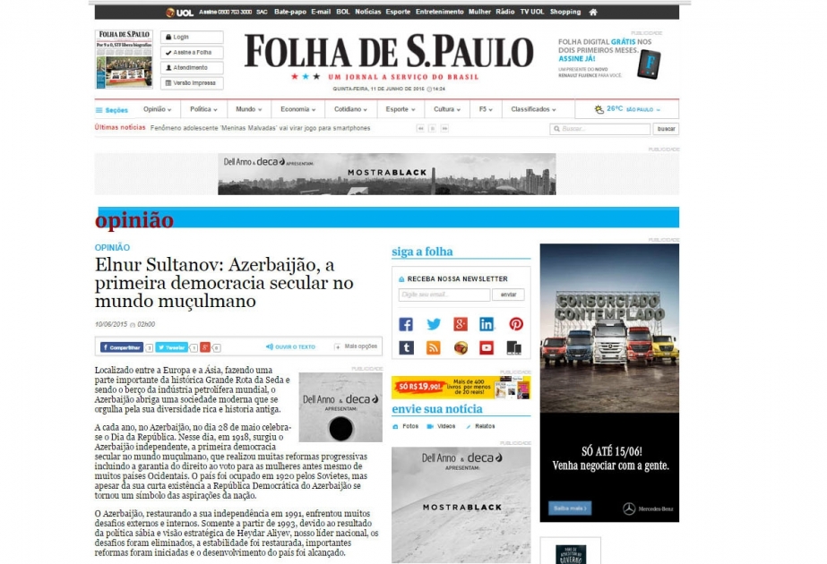 Braziliyanın “Folha de Sao Paolo” qəzetində Azərbaycan səfirinin məqaləsi yayılıb