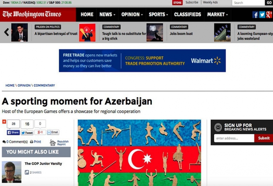 “The Washington Times” qəzetində səfir Elin Süleymanovun “Azərbaycan üçün idman məqamı” sərlövhəli məqaləsi dərc olunub