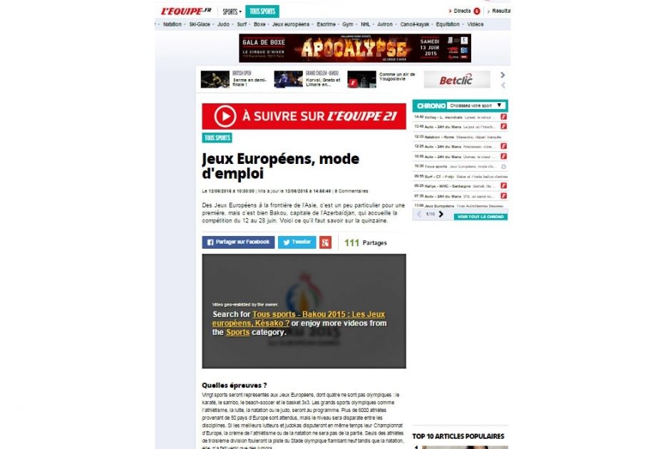 Fransanın www.lequipe.fr saytı: Birinci Avropa Oyunları yeni ənənənin təməlini qoyub