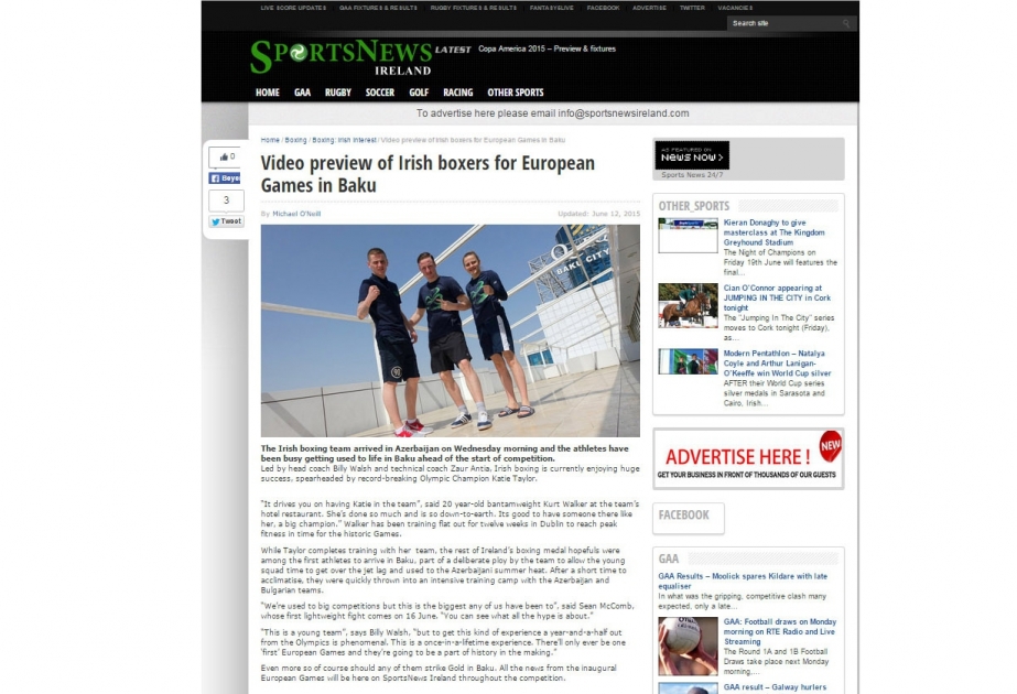 www.sportsnewsireland.com portalı: Avropanın ilk Oyunlarında iştirak etmək tarixin bir hissəsinə çevrilməkdir