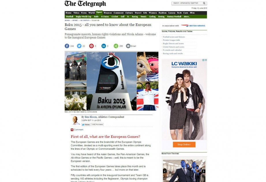“The Telegraph” qəzetində “Bakı-2015” birinci Avropa Oyunları barədə məqalə yerləşdirilib
