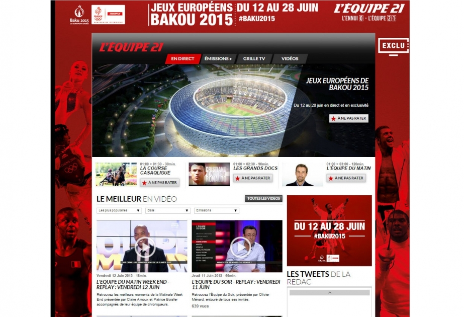 “Bakı-2015” birinci Avropa Oyunlarının açılış mərasimi Fransanın “Lequipe21” telekanalında canlı yayımlanacaq