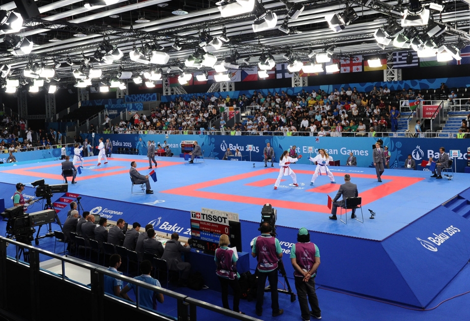 Three men and three women Azerbaijani fighters in action as karate events kick off