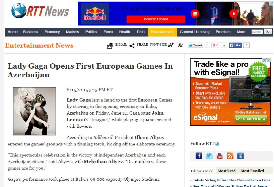 На американском портале «RTTNEWS» опубликована информация о первых Европейских играх «Баку-2015»