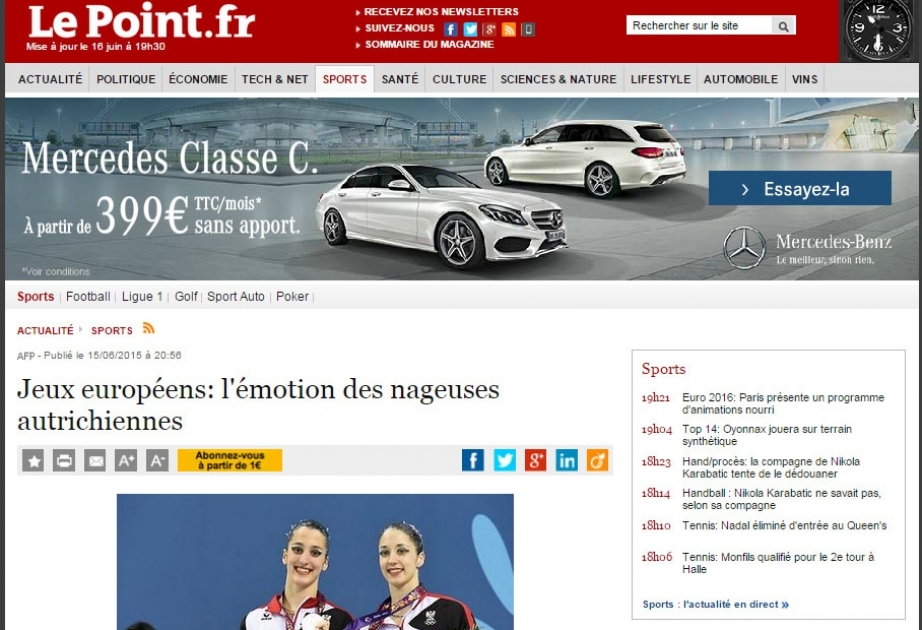 Fransanın www.lepoint.fr saytında birinci Avropa Oyunları haqqında məqalə yerləşdirilib
