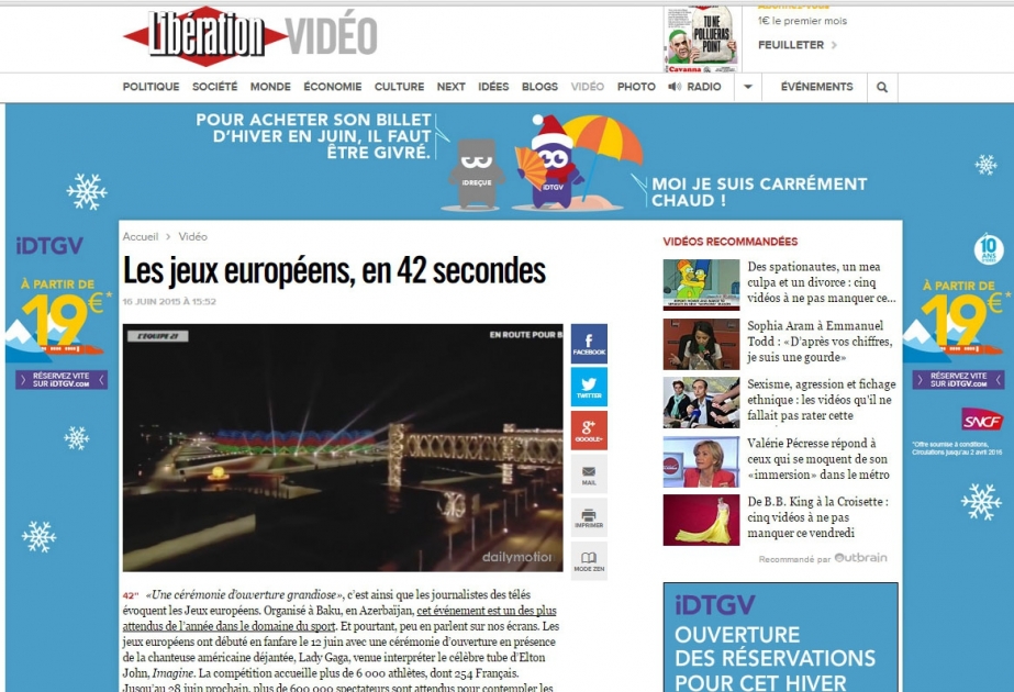 Fransanın “liberation.fr” saytında birinci Avropa Oyunları ilə bağlı reportaj yerləşdirilib VİDEO