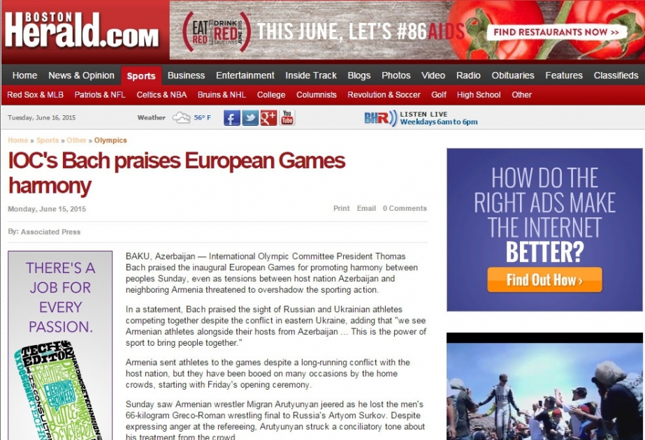 US Boston Herald portal posts article on conditions created for Armenian athletes during first European Games