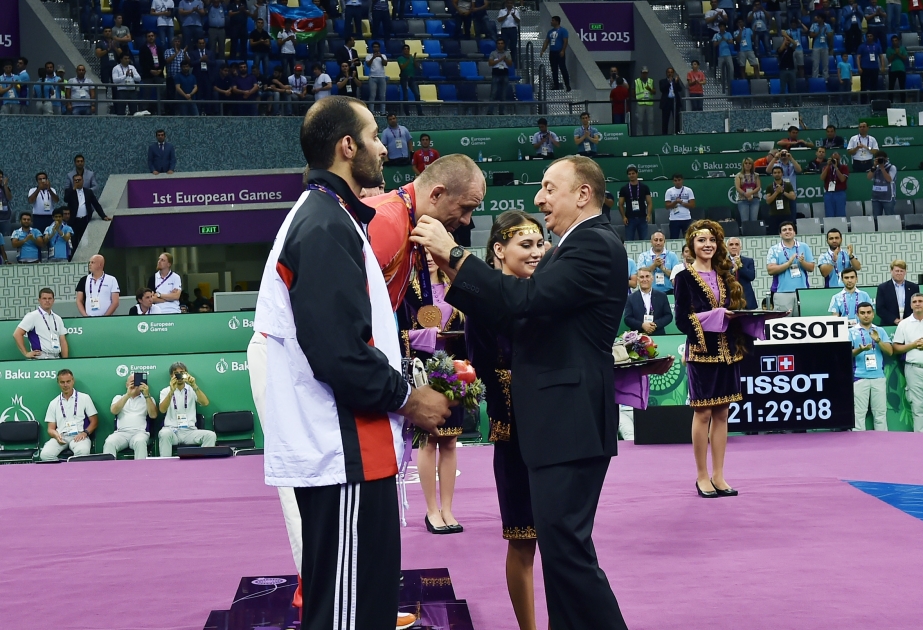 Freestyle wrestler Khetag Gazyumov added 10th gold to Azerbaijan`s medal tally at First European Games President Ilham Aliyev presented the gold medal to the champion VIDEO