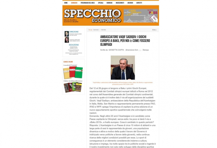 Specchio Economico publishes Azerbaijani Ambassador’s interview on “Baku 2015”