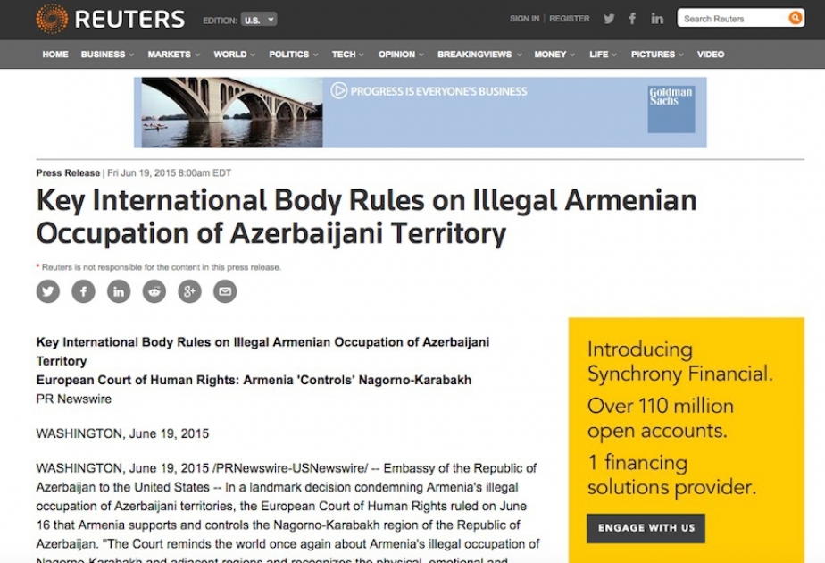 “Reuters” Agentliyi Avropa İnsan Hüquqları Məhkəməsinin “Çiraqov Ermənistana qarşı” işi üzrə qərarı ilə əlaqədar Azərbaycanın ABŞ-dakı səfirliyinin bəyanatını dərc edib