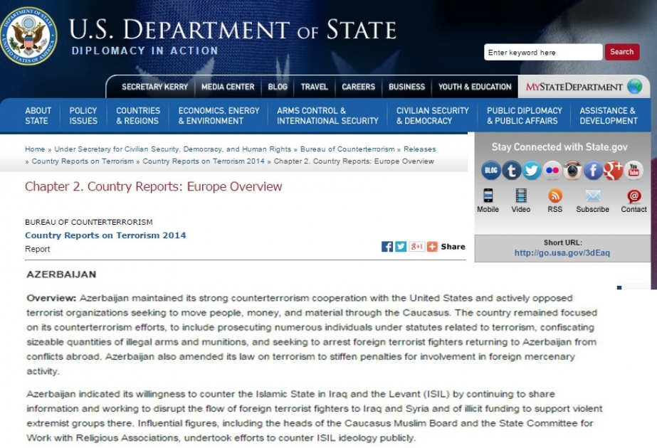 U.S. Department of State hails Azerbaijan`s counterterrorism efforts
