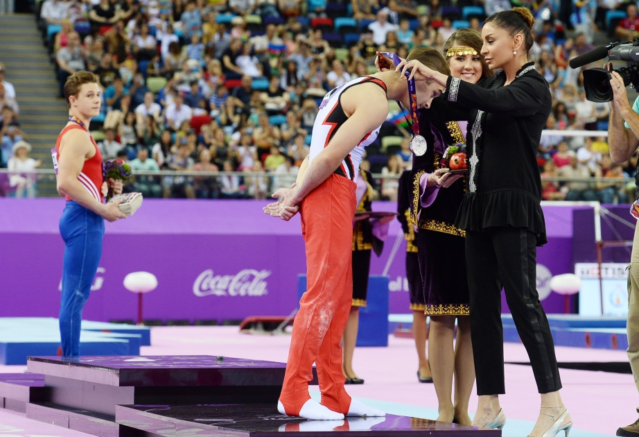 Azerbaijan`s gymnast Oleg Stepko becomes champion of the First European GamesFirst lady, chairperson of the Baku 2015 First European Games Organizing Committee, President of the Gymnastics Federation Mehriban Aliyeva presented the medals to the winners VIDEO