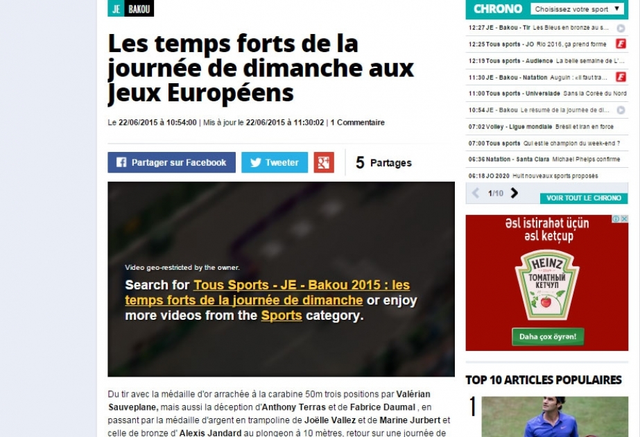 “Bakı-2015” birinci Avropa Oyunları Fransa mətbuatının diqqət mərkəzindədir