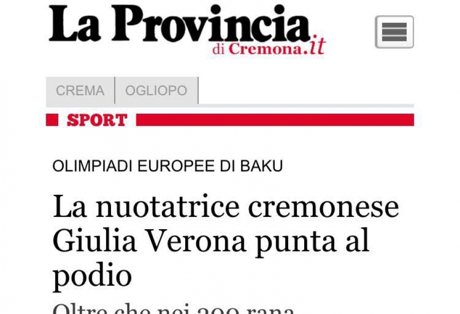 İtaliyanın “La Provincia di Cremona” xəbər saytı “Bakı-2015”in üzgüçülük yarışlarından bəhs edir