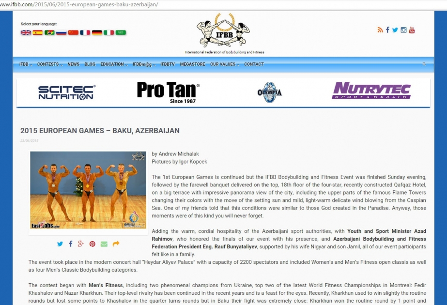 International Federation of Bodybuilding and Fitness praise organization of first European Games