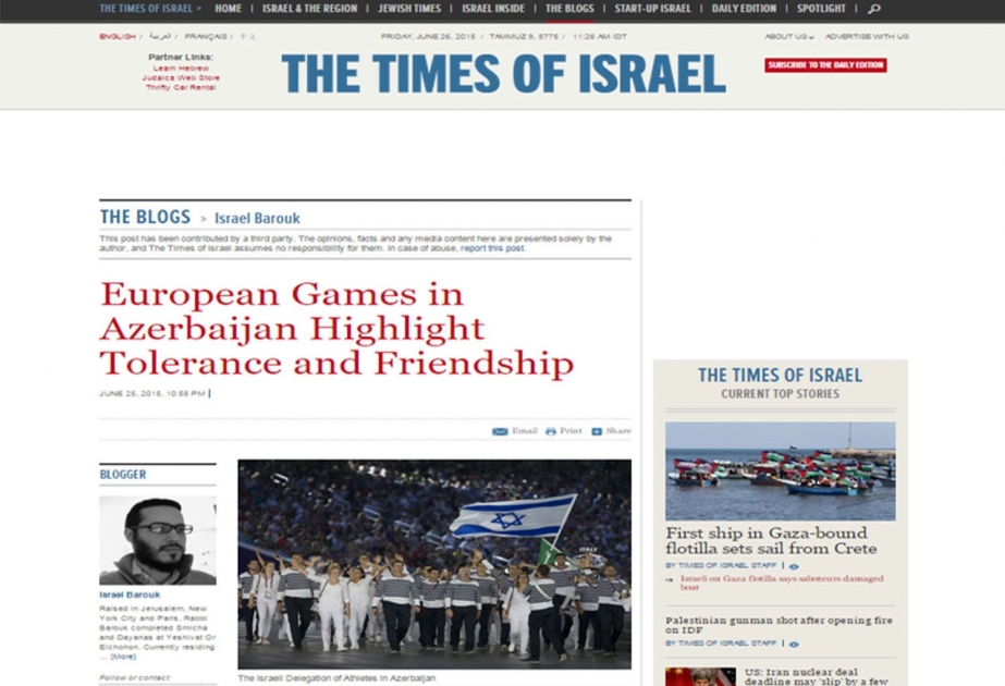 The Times of Israel: European Games in Azerbaijan highlight tolerance and friendship
