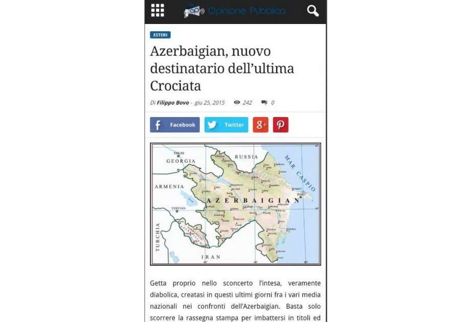 İtaliyanın “Opinione pubblica” xəbər saytı Azərbaycan haqqında qərəzli yazılara cavab məqaləsi yayıb