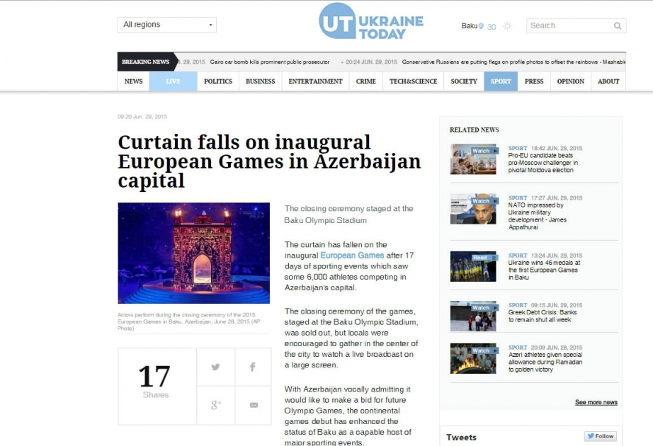La presse européenne continue de publier des articles sur «Bakou-2015»