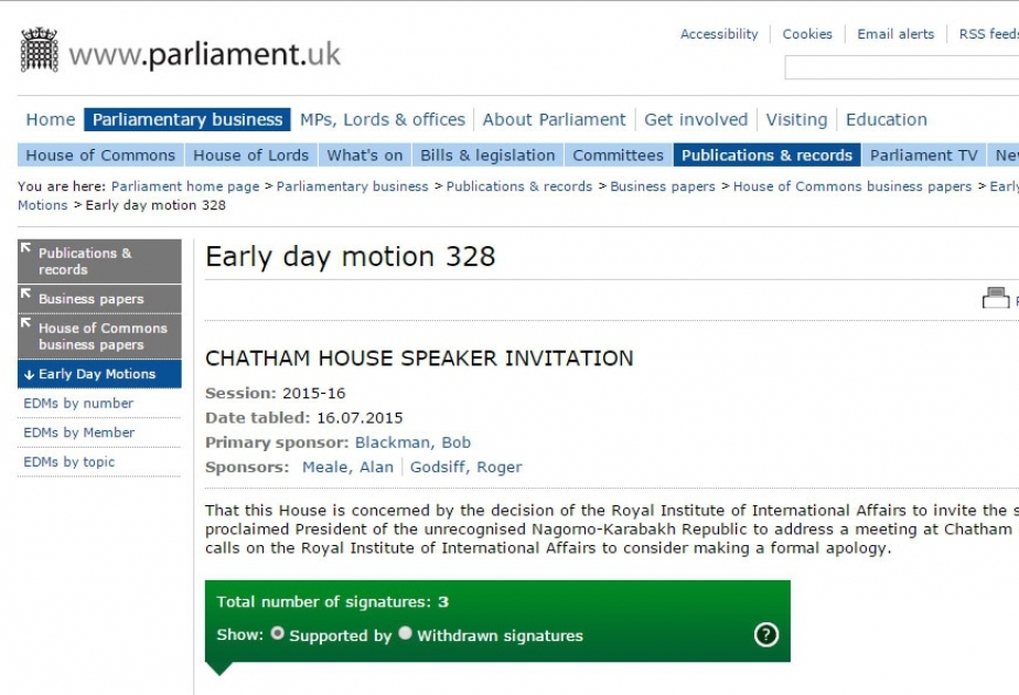 “Chatham House”un B.Saakyanı Londona dəvət etməsi ilə bağlı məsələ Britaniya parlamentinin müzakirəsinə çıxarıla bilər
