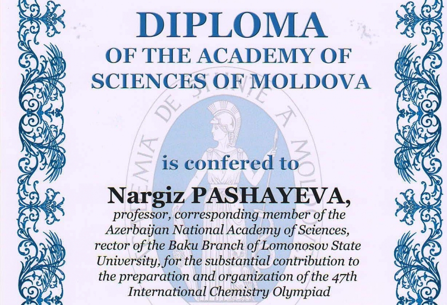 MDU-nun Bakı filialının rektoru, professor Nərgiz Paşayeva Moldova Elmlər Akademiyasının diplomu ilə təltif edilib
