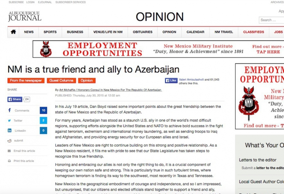 Art McHaffie : Le Nouveau-Mexique est un ami et un allié fidèle de l'Azerbaïdjan
