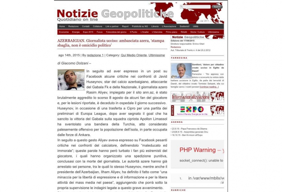 “Notizie Geopolitiche” xəbər portalı Azərbaycanın İtaliyadakı səfirliyinin jurnalistin vəfatı ilə bağlı bəyanatını yayıb