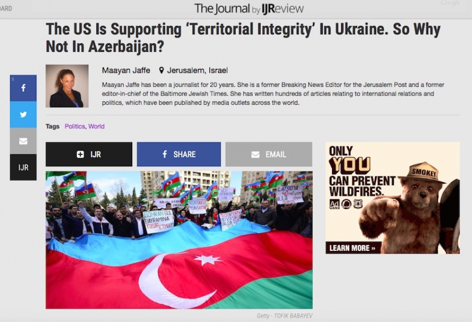 美国专家发表关于亚美尼亚占领阿塞拜疆领土的文章