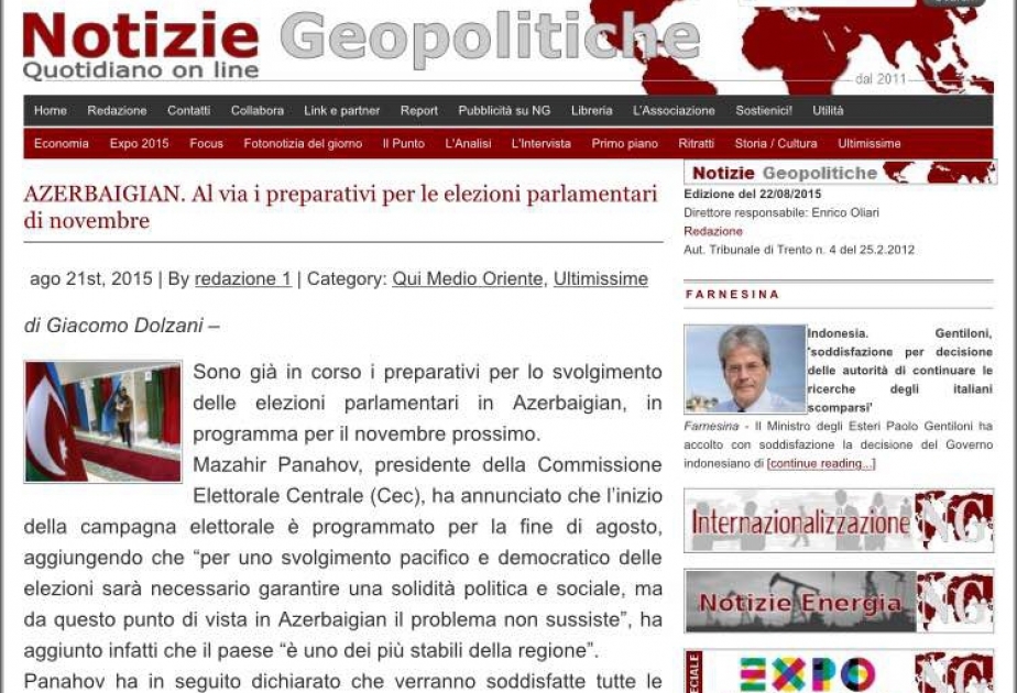 “Notizie Geopolitiche” xəbər portalı Azərbaycanda keçiriləcək parlament seçkilərindən bəhs edib