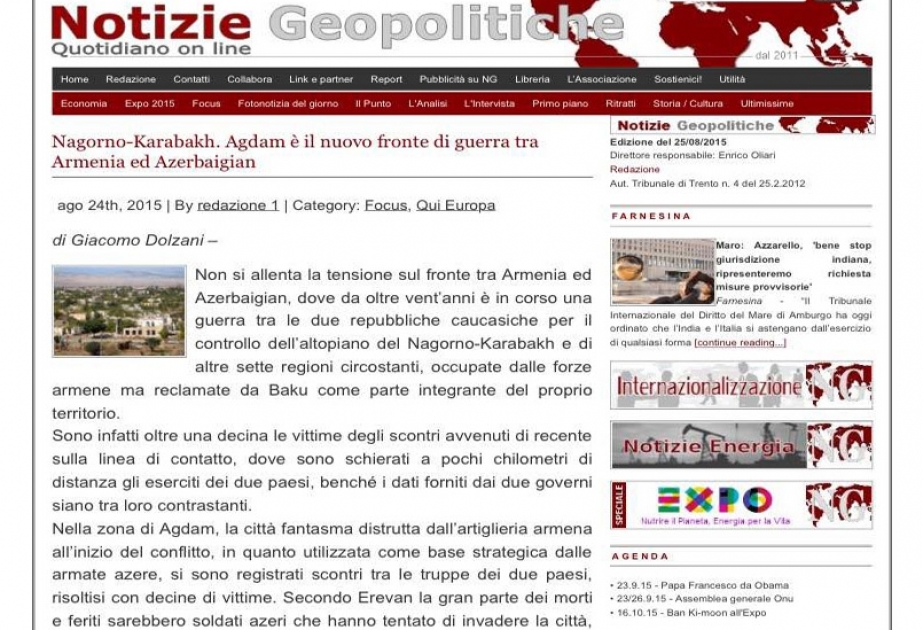 “Notizie Geopolitiche”: Dağlıq Qarabağ münaqişəsinin gərginliyi bu günlərdə də səngimək bilmir