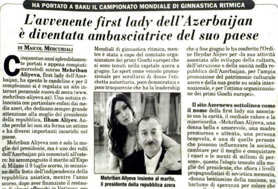 Газета «Italia Oggi»: Первая леди Азербайджана – одно из наиболее известных лиц своей страны