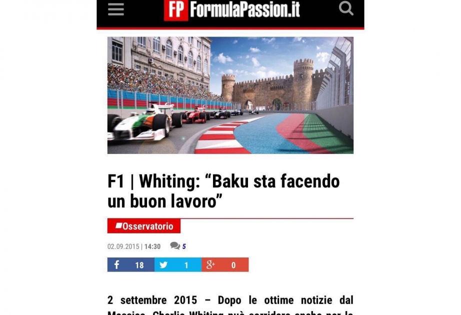 İtaliya mətbuatı Azərbaycanda keçiriləcək Formula 1 yarışlarından yazır