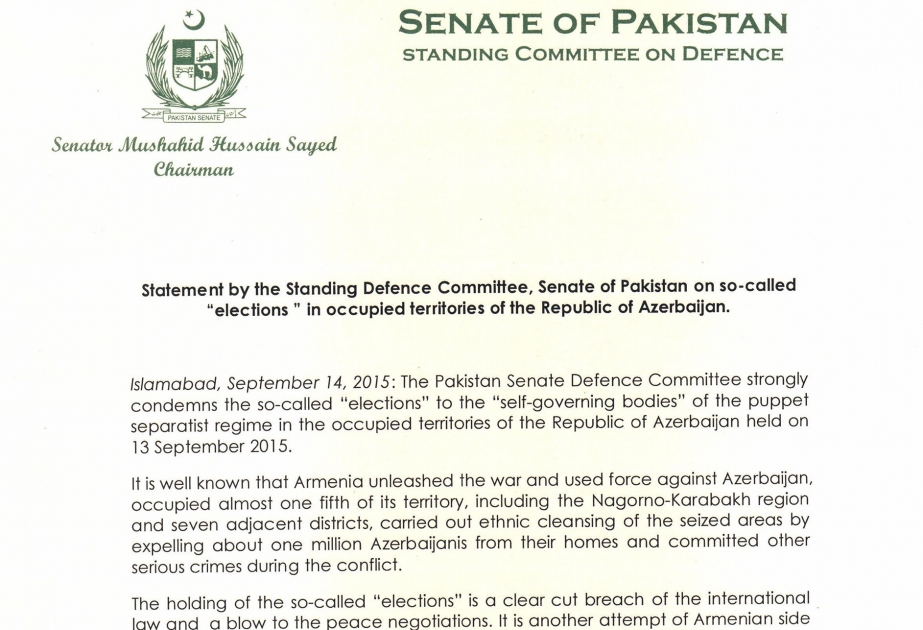 اللجنة الدائمة للدفاع بمجلس الشيوخ الباكستاني يدين بشدة الانتخابات الجارية في منطقة قراباغ الجبلية المحتلة