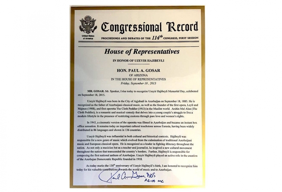Uzeyir Hajibeyli's contributions recognized at U.S. Congress