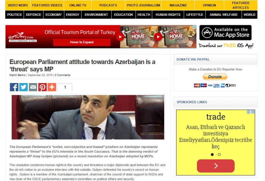 “EU Reporter” QHT-lərə Dövlət Dəstəyi Şurası sədrinin Avropa Parlamentinin qərəzli qətnaməsi ilə bağlı müsahibəsini yayıb