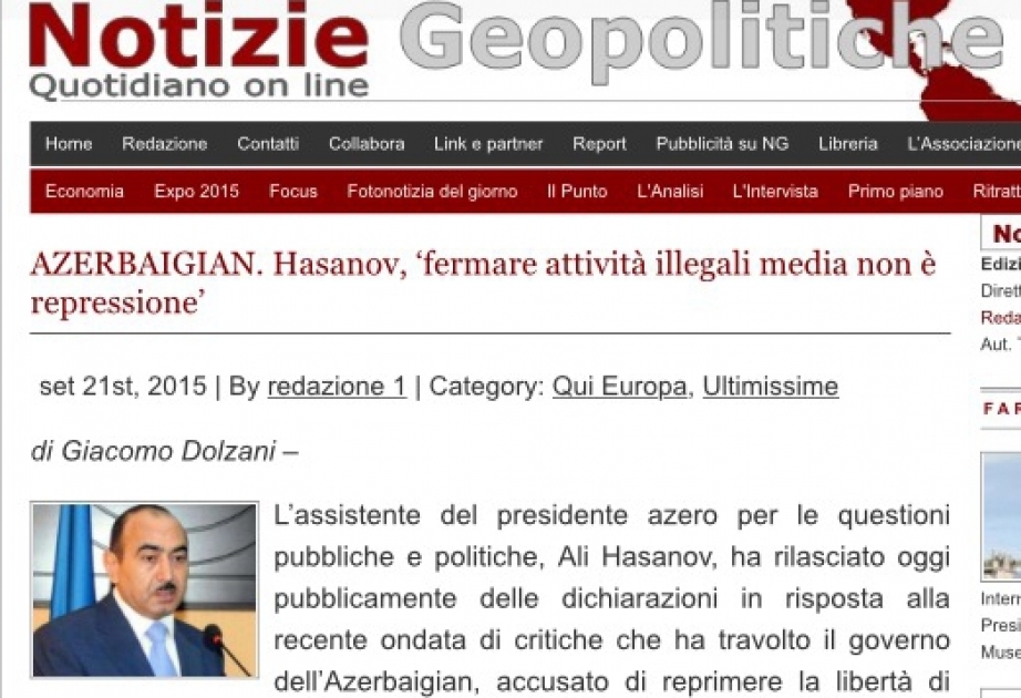 Le portail italien «Notizie Geopolitiche» a publié un article sur un commentaire de l'adjoint du président azerbaïdjanais aux affaires sociales et politiques
