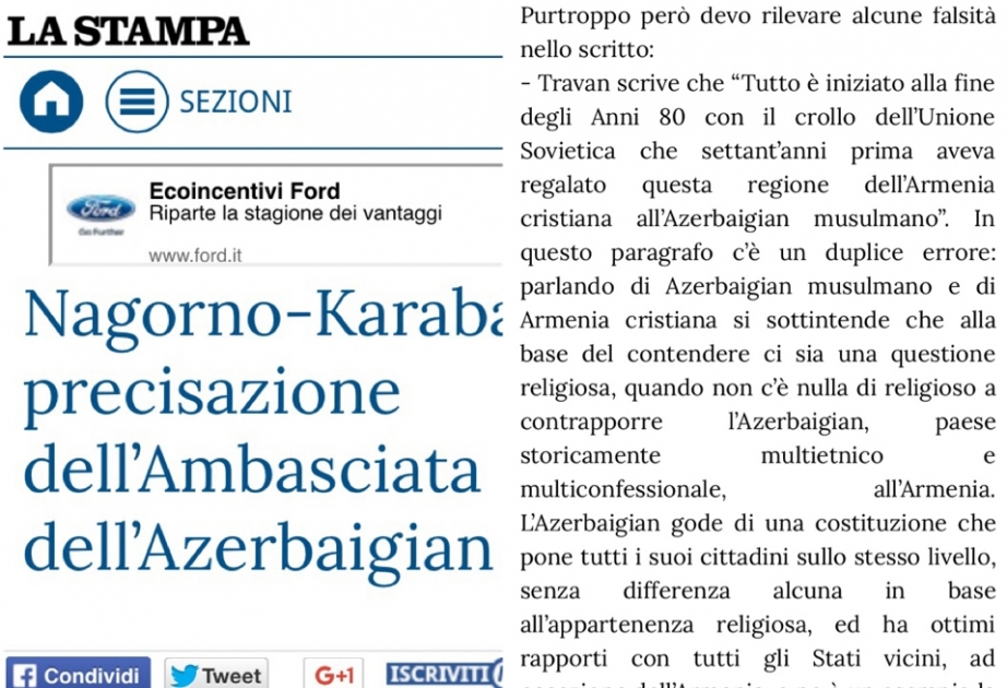 İtaliyanın “La stampa” qəzeti Azərbaycan səfirinin Dağlıq Qarabağ münaqişəsi ilə bağlı məqaləsini yayıb