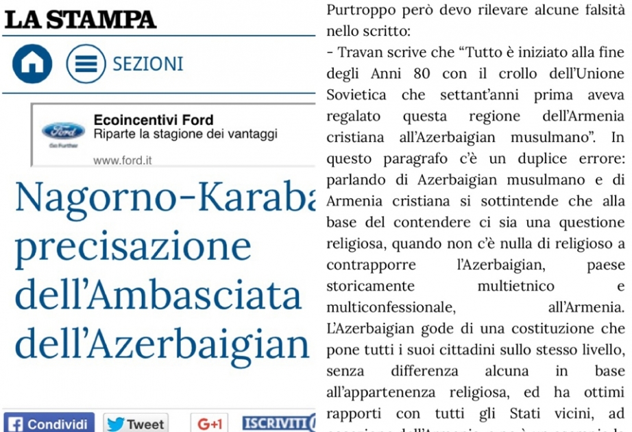 На сайте итальянской газеты La Stampa размещена статья посла Азербайджана о нагорно-карабахском конфликте