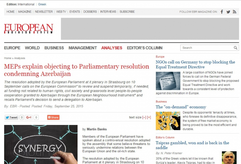 European Business Review: MEPs explain objecting to Parliamentary resolution condemning Azerbaijan
