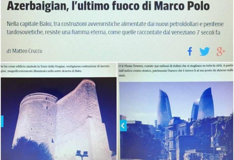 İtaliyanın “Corriere della sera” qəzeti Bakının görməli yerlərindən bəhs edib