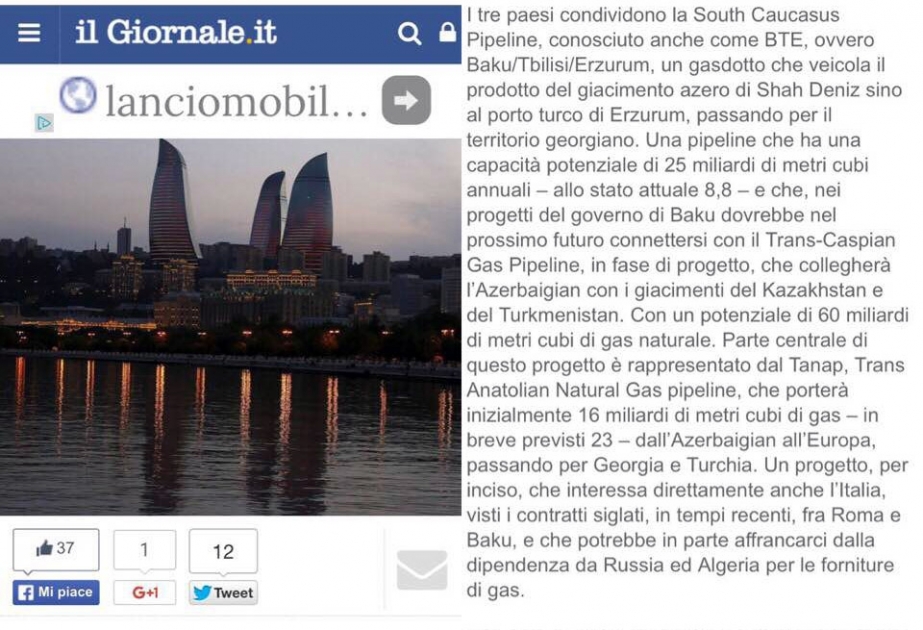 İtaliyanın “İl Giornale” qəzeti Qafqazın inkişafında Azərbaycanın rolundan yazır