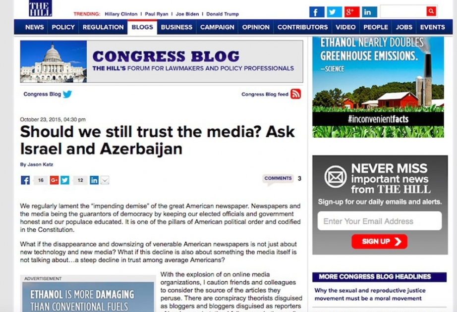 The Hill posts article headlined “Should we still trust the media? Ask Israel and Azerbaijan”