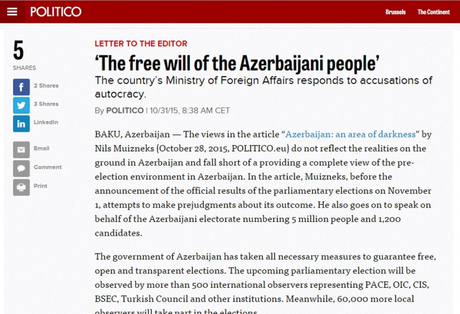 Hikmat Hajiyev: Nils Muizneks article is biased, and does not reflect the realities in Azerbaijan