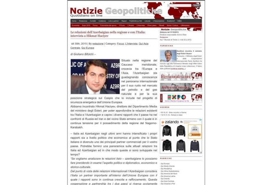 İtaliyanın xəbər portalı Azərbaycan XİN-in mətbuat xidməti rəhbərinin müsahibəsini yayıb