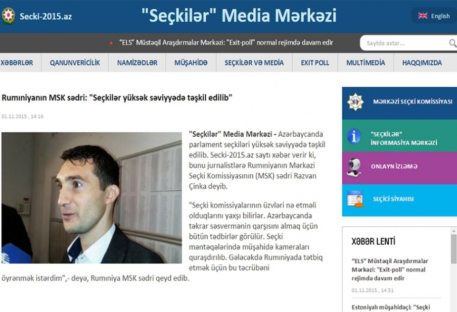 Rumıniya Daimi Seçki Orqanının nümayəndəsi: Seçkilər yüksək səviyyədə təşkil edilib